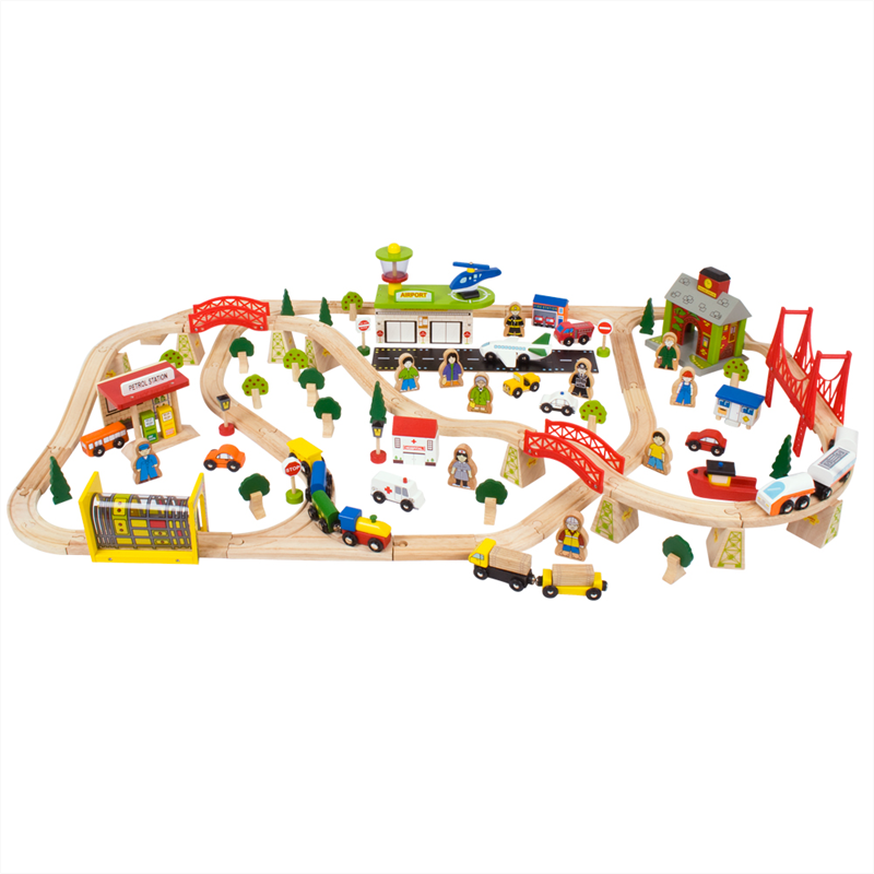 pista trenino in legno aeroporto Bigjigs Toys – set da 122 pezzi