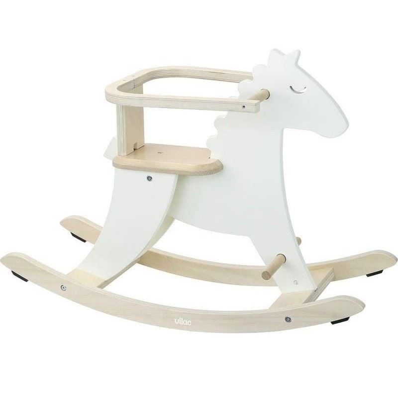 cavallo a dondolo in legno con protezioni rimovibili